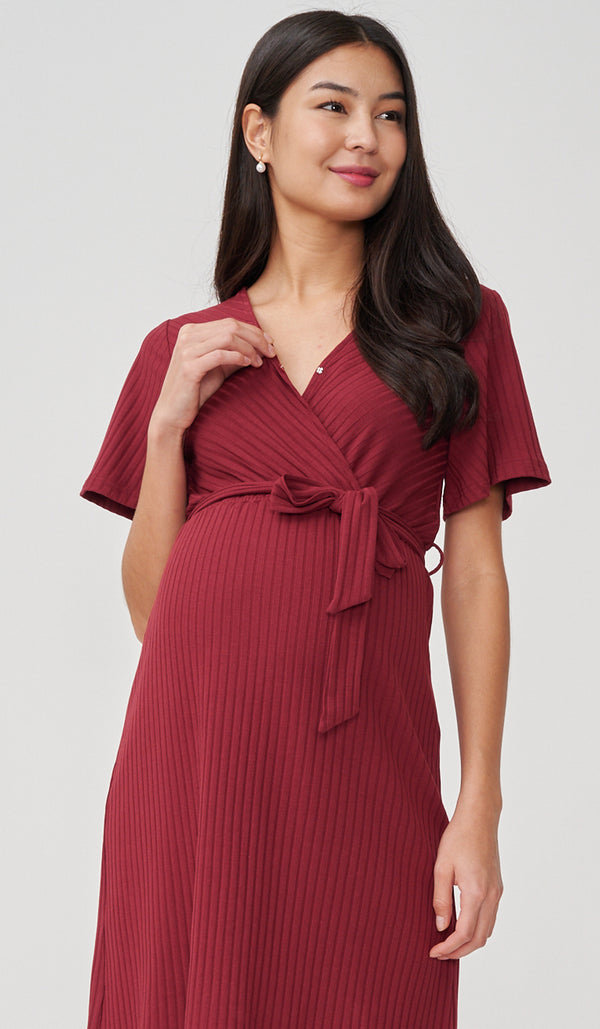 NYLA FAUX WRAP RIBBED NURSING DRESS RED